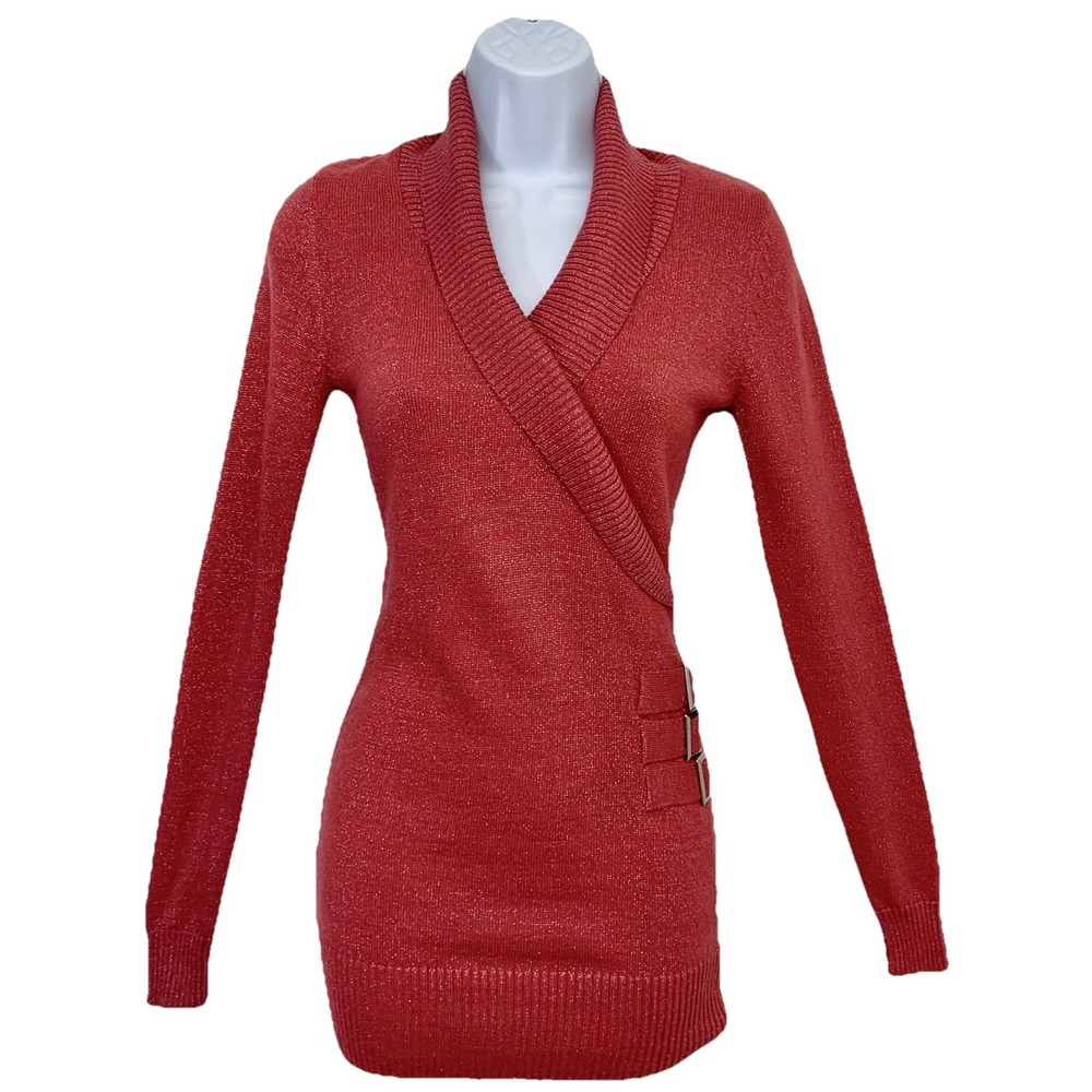 Bebe Y2K Pink Metallic‎ Sweater Woman XS Shaw Collar Long Sleeve Buckle Retro